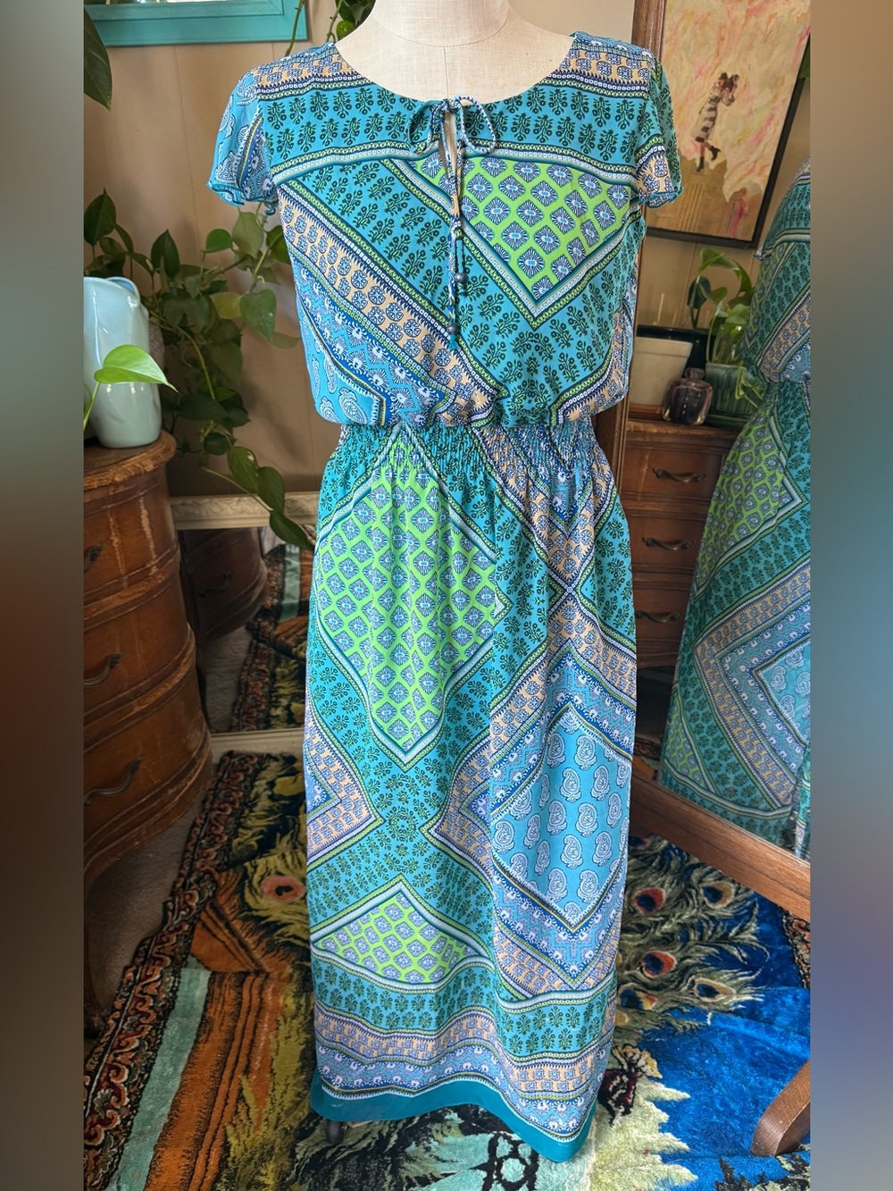En Focus Petite Paisley A-Line Midi Dress Keyhole Neck Short Slv Turquoise,10P